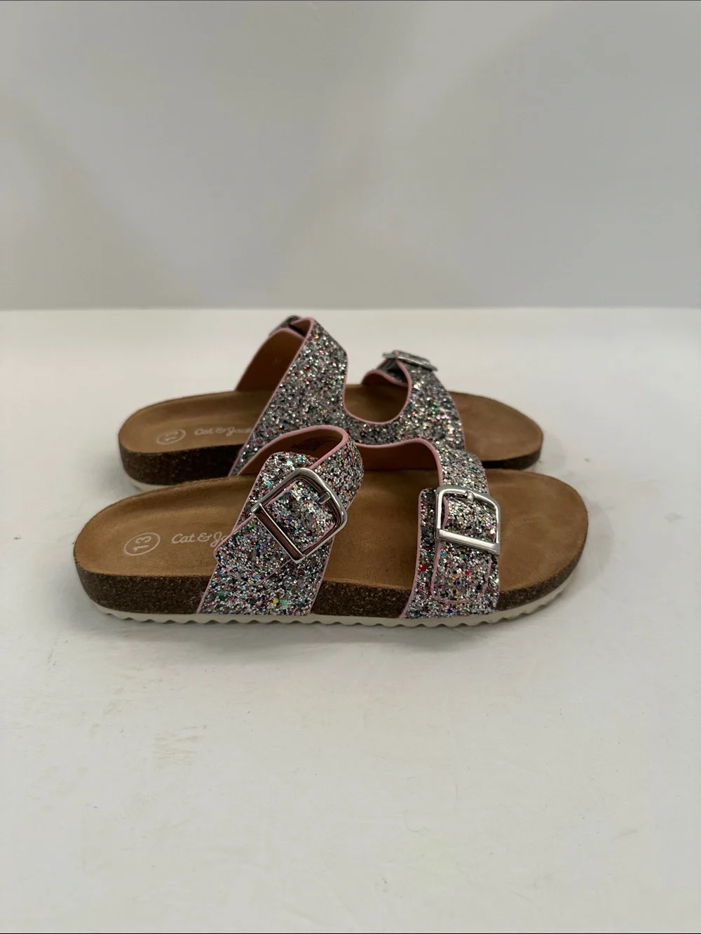 Cat & Jack Girls Glitter Double Buckle Sandals Pink Trim Size 13
